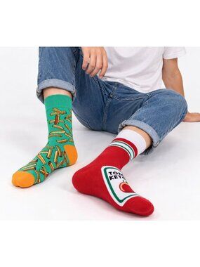 Unisex French Fry Ketchup Novelty Crew Socks Funny Food Design Red Blue Yellow